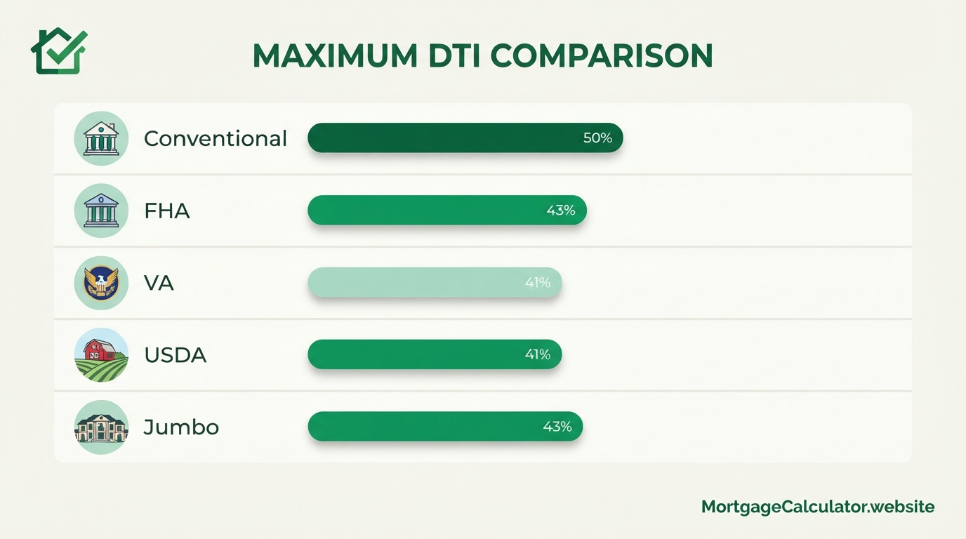 DTI limits by loan type across conventional, FHA, VA, USDA, jumbo